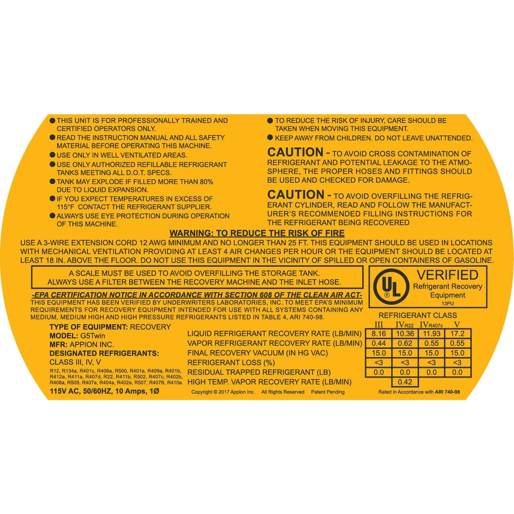 Appion G5Twin Warning Sticker/Label, 230V, LB1262