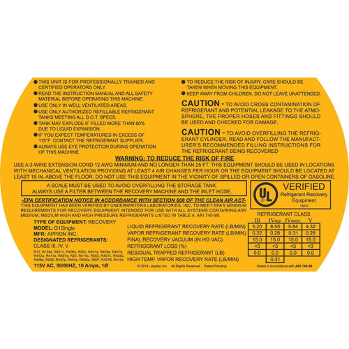 Appion G1Single Warning Label/Sticker For The 230 VAC Unit, LB1422