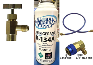 R134a, 8 oz. Can R-134a Refrigerant New Style Self Sealing Can, Can Taper, Hose, Coupler