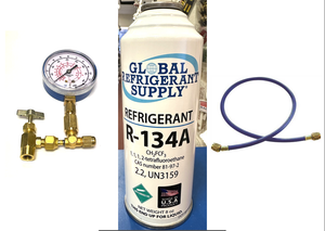 R134a, 8 oz. Can R-134a Refrigerant New Style Self Sealing Can, Can Taper-Gauge-Hose