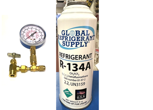 R134a, 8 oz. Can R-134a Refrigerant New Style Self Sealing Can, Can Taper-Gauge