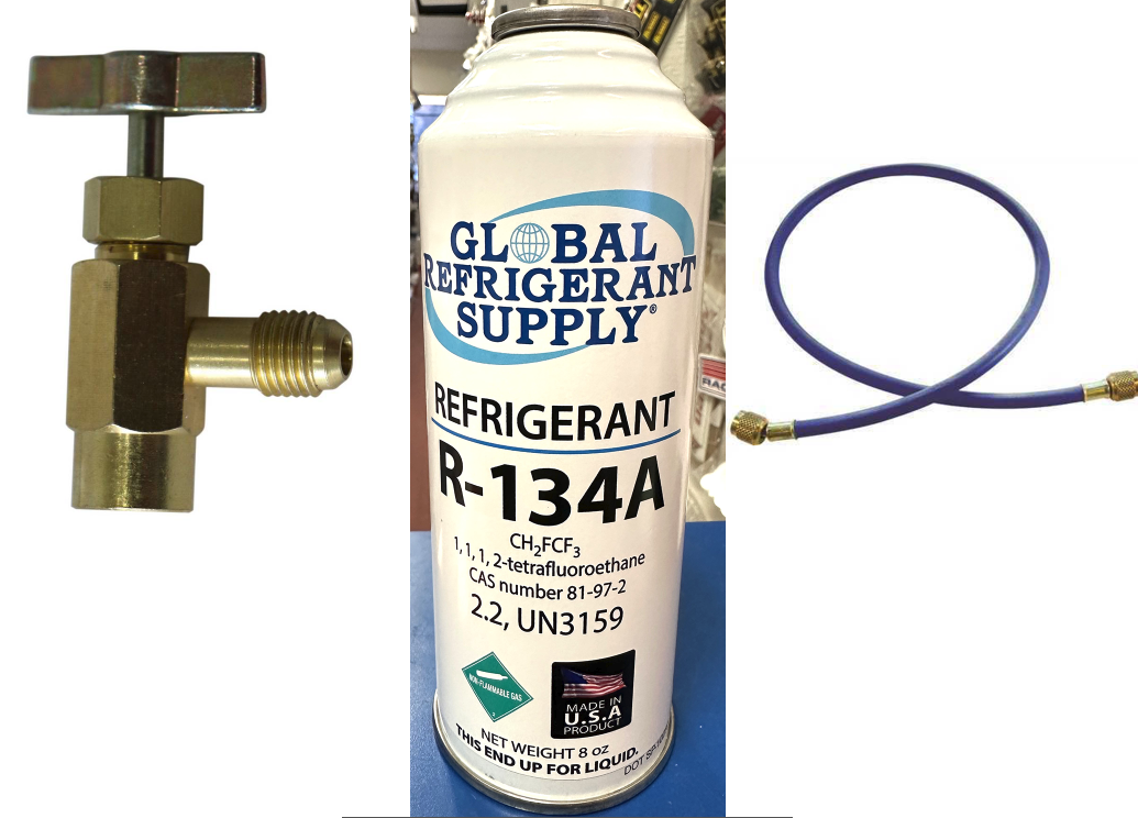 R134a, 8 oz. Can R-134a Refrigerant New Style Self Sealing Can, Can Taper, Hose