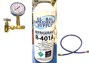 R401a, MP39, Refrigerant, New Style 8 oz. Self-Sealing Can, Taper, Gauge & Hose
