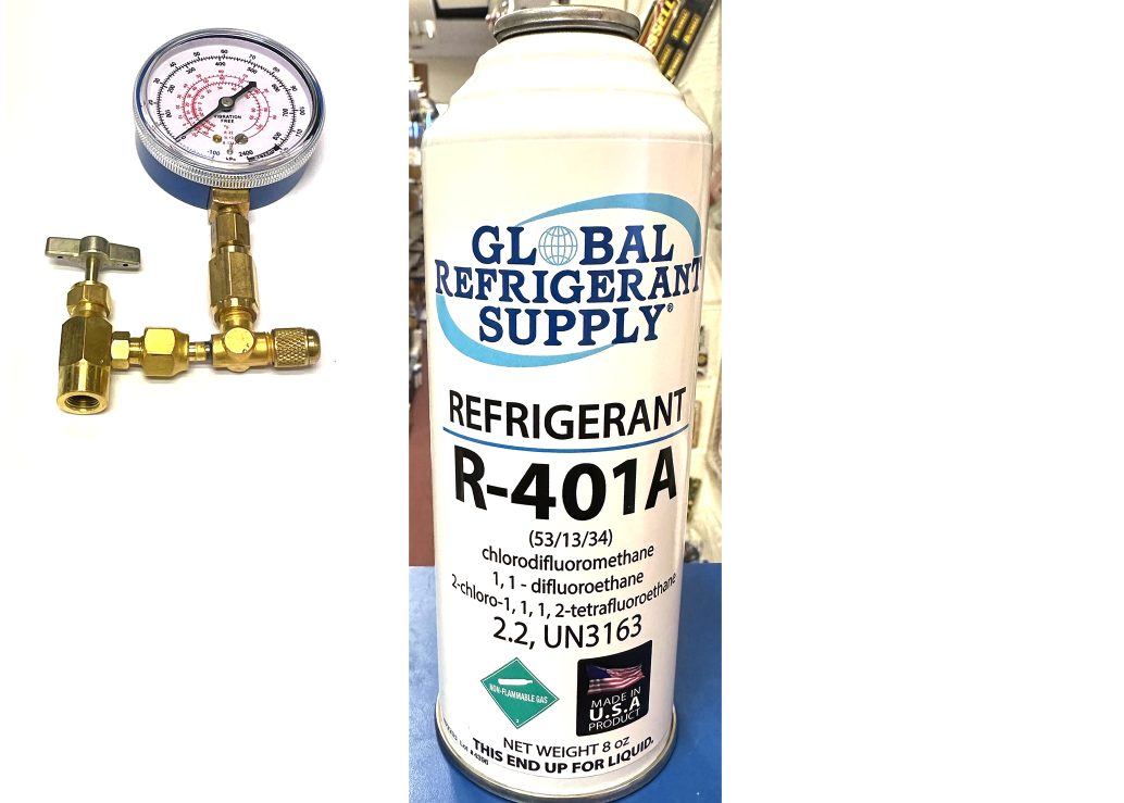 R401a, MP39, Refrigerant, New Style 8 oz. Self-Sealing Can, Taper, Gauge