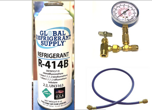 R414b, HOT SHOT Refrigerant, 8 oz. Self-Sealing Can K28 Taper, Gauge, Hose