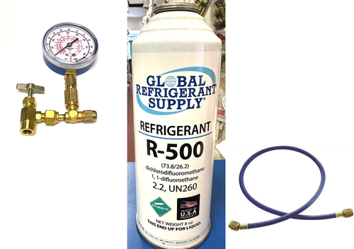 R500, 8 oz. Refrigerant R-500, New Style Self-Sealing Can, Taper-Gauge-Hose