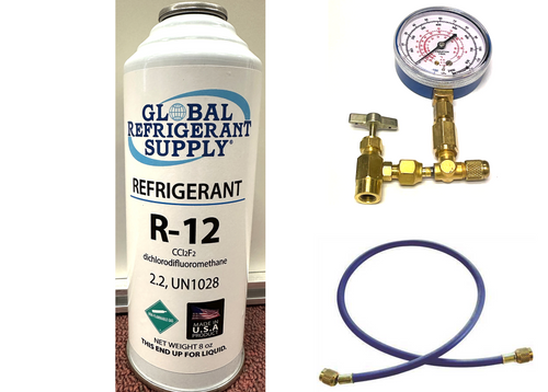 R12 Refrigerant, 8 oz. Can K28 Taper & Check & Charge It Gauge Hose