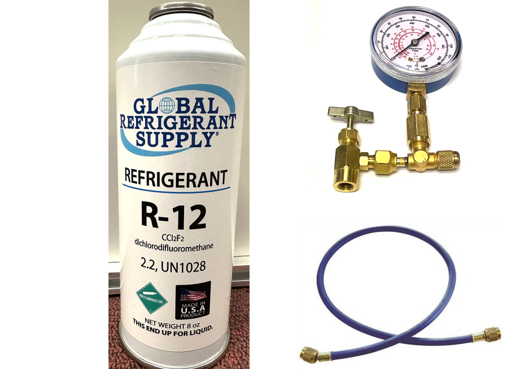 R12 Refrigerant, 8 oz. Can K28 Taper & Check & Charge It Gauge Hose