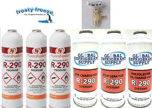 R290, (3) Large 14 oz Cans, FluoroFusion, Refrigerant Recharge Kit, Oil, Dye & Stop Leak