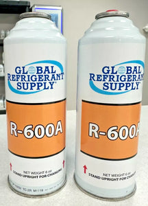 R600a Refrigerant, (2) 6 oz. new Self-Sealing Cans, UPRIGHT WILL DISPENSE LIQUID