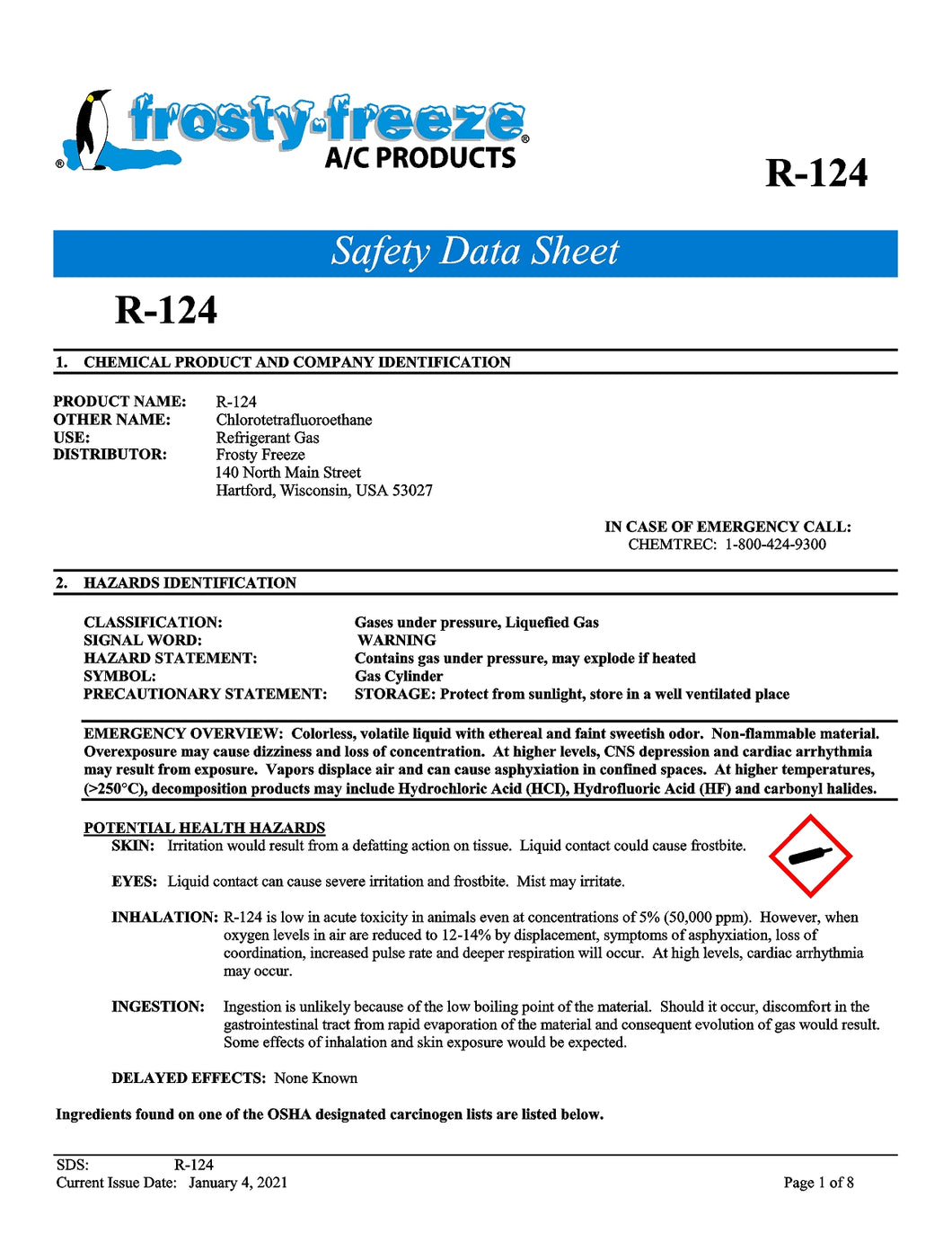 R124 Refrigerant SDS Sheet