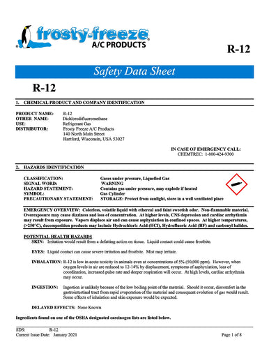 R12 Refrigerant SDS Sheet