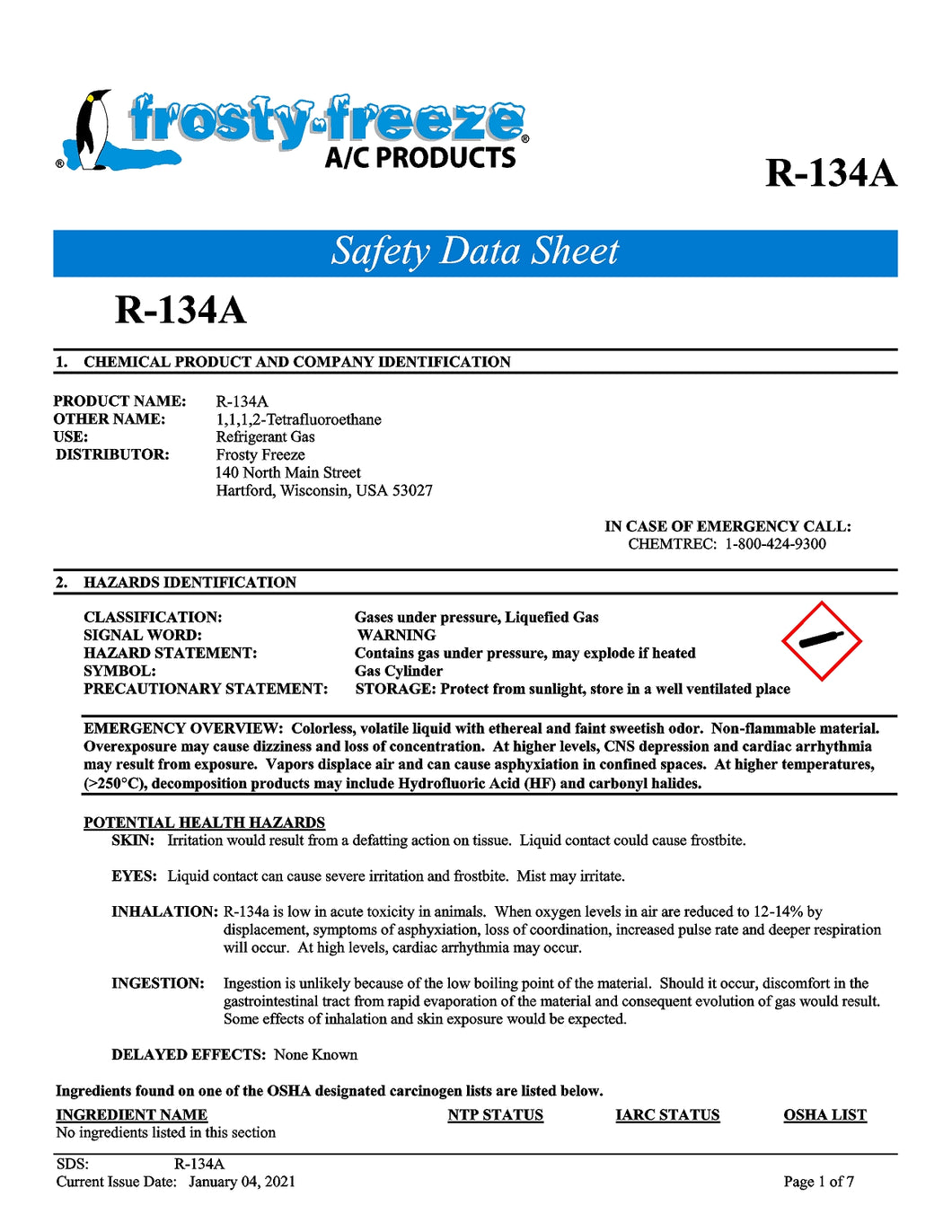 R134a Refrigerant SDS Sheet