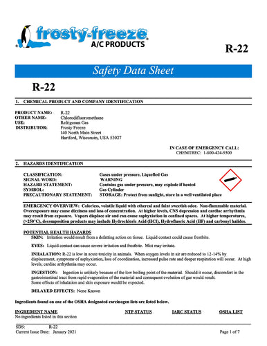 R22 Refrigerant SDS Sheet