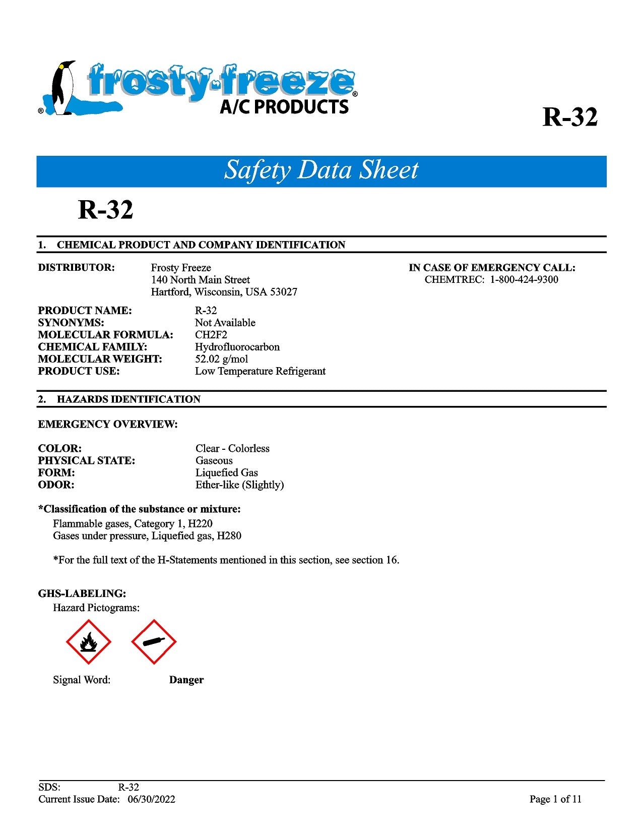 R32 Refrigerant SDS Sheet – Frosty Freeze A/C Products Company