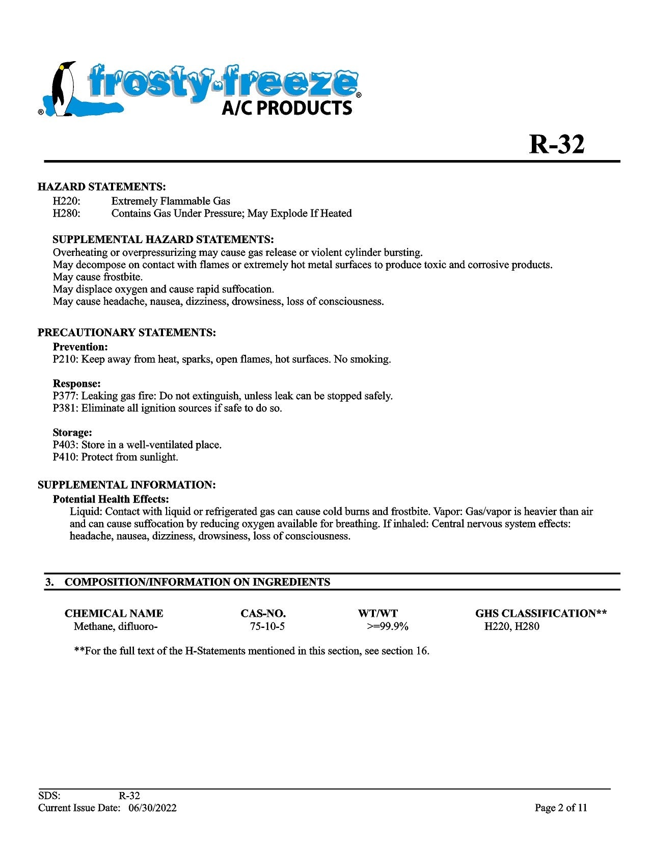 R32 Refrigerant SDS Sheet – Frosty Freeze A/C Products Company