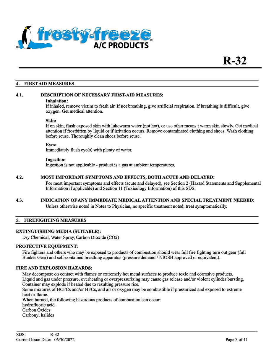 R32 Refrigerant SDS Sheet – Frosty Freeze A/C Products Company