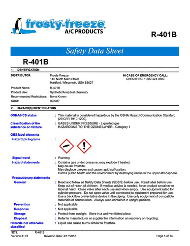 R401b Refrigerant SDS Sheet