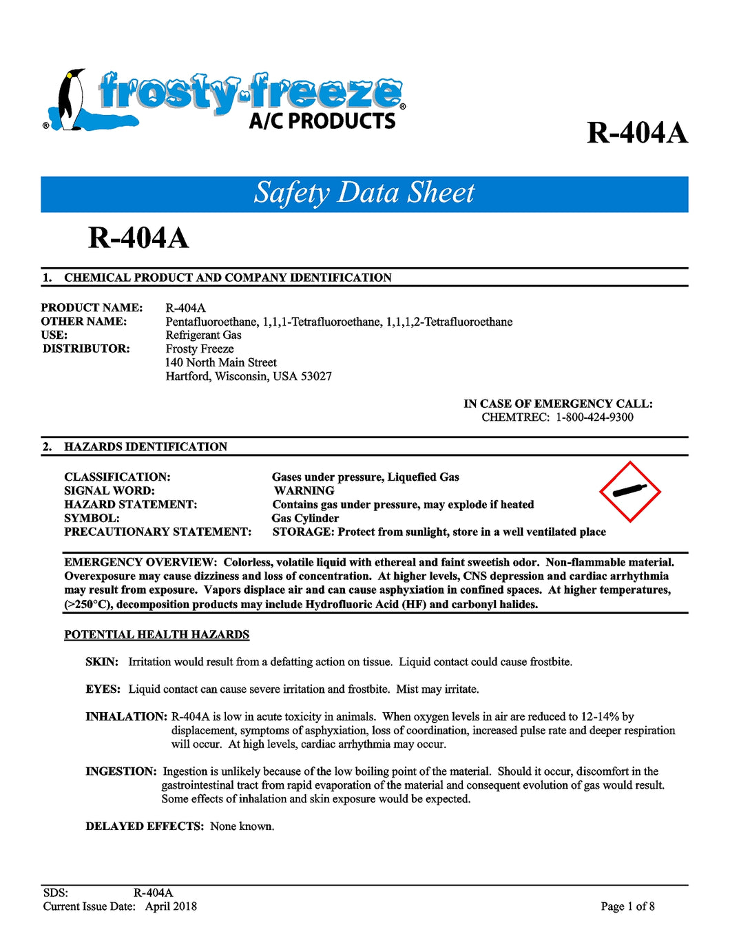 R404a Refrigerant SDS Sheet