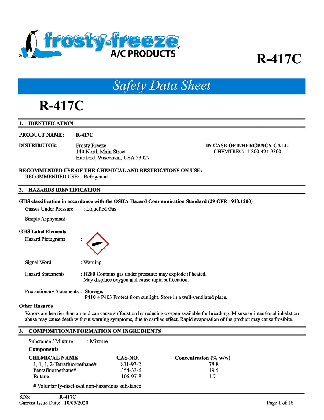 R417c Refrigerant SDS Sheet