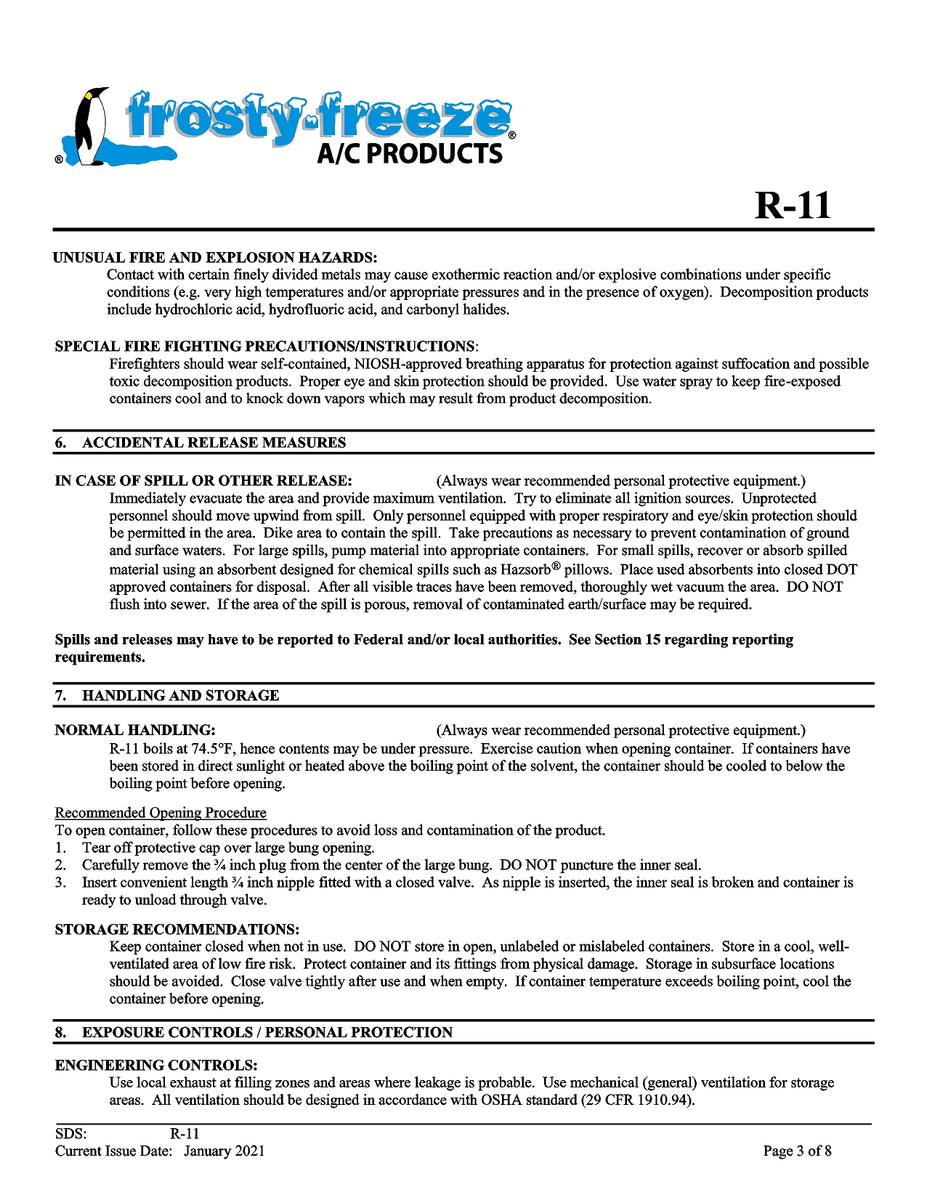 R11 Refrigerant SDS Sheet – Frosty Freeze A/C Products Company