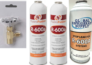 R600a, (2) Large 14 oz. Cans & Stop Leak FluoroFusion, Refrigerant Grade Isobutane