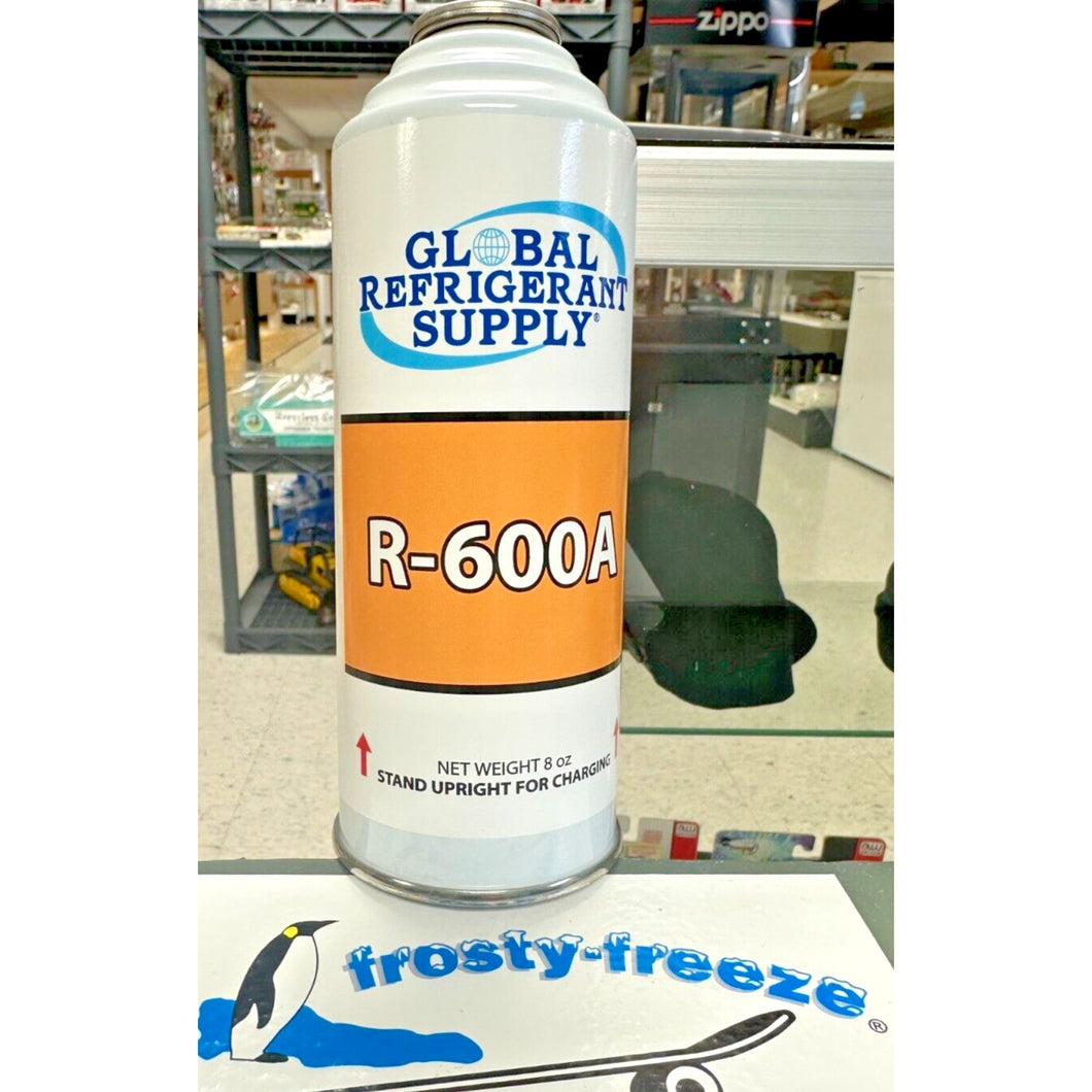 R600a Refrigerant, 8 oz. new Self-Sealing Can, UPRIGHT WILL DISPENSE LIQUID