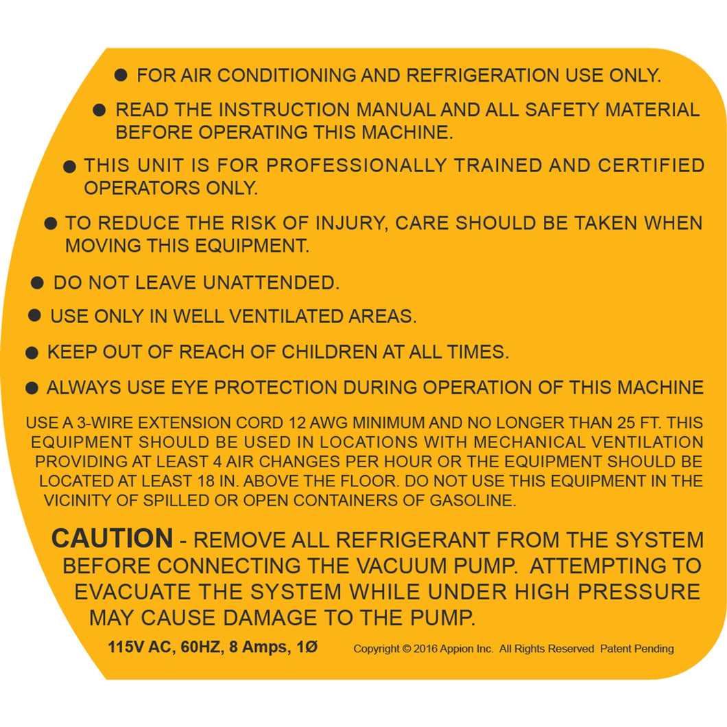 Appion TEZ8, 230V, Warning Label (TEZOM Side) Vacuum Pump LB1355