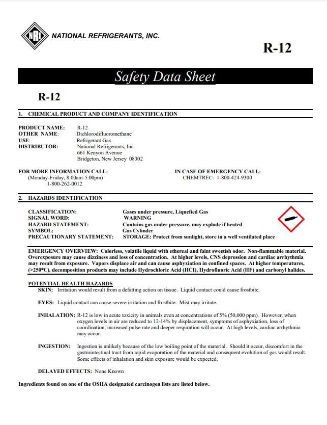 R12 Refrigerant SDS Sheet Frosty Freeze A/C Products Company