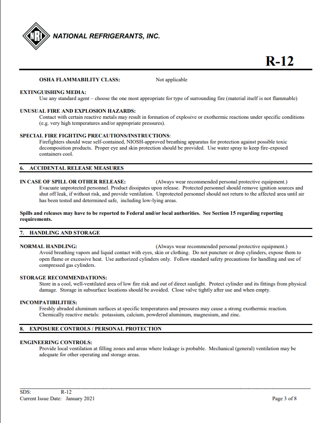 R12 Refrigerant SDS Sheet Frosty Freeze A/C Products Company