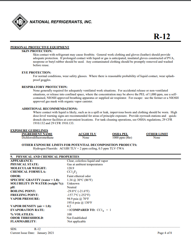 R12 Refrigerant SDS Sheet Frosty Freeze A/C Products Company