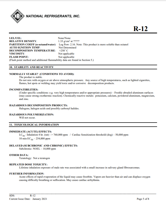 R12 Refrigerant SDS Sheet Frosty Freeze A/C Products Company