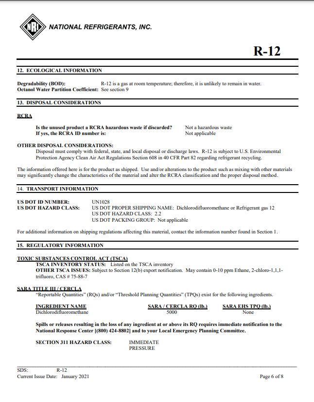 R12 Refrigerant SDS Sheet Frosty Freeze A/C Products Company