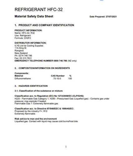 R32 Refrigerant SDS Sheet
