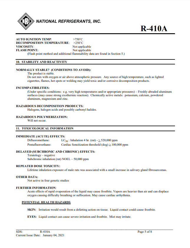 R410a Refrigerant SDS Sheet Frosty Freeze A/C Products Company
