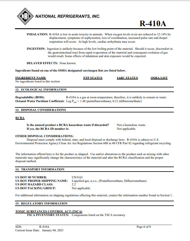 R410a Refrigerant SDS Sheet Frosty Freeze A/C Products Company