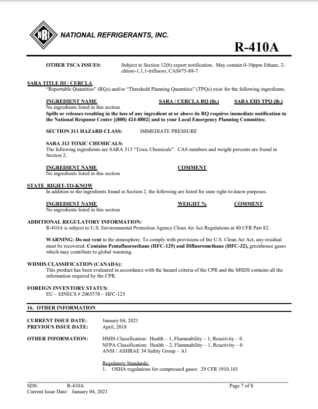 R410a Refrigerant SDS Sheet Frosty Freeze A/C Products Company