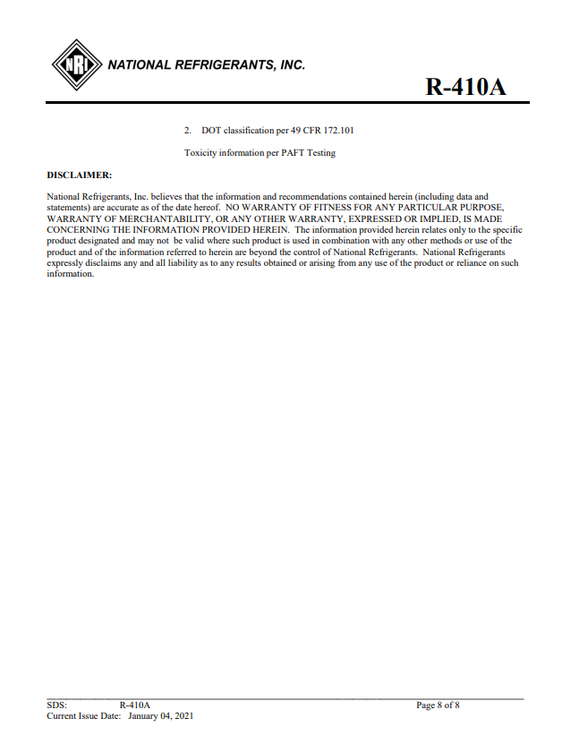 R410a Refrigerant SDS Sheet Frosty Freeze A/C Products Company