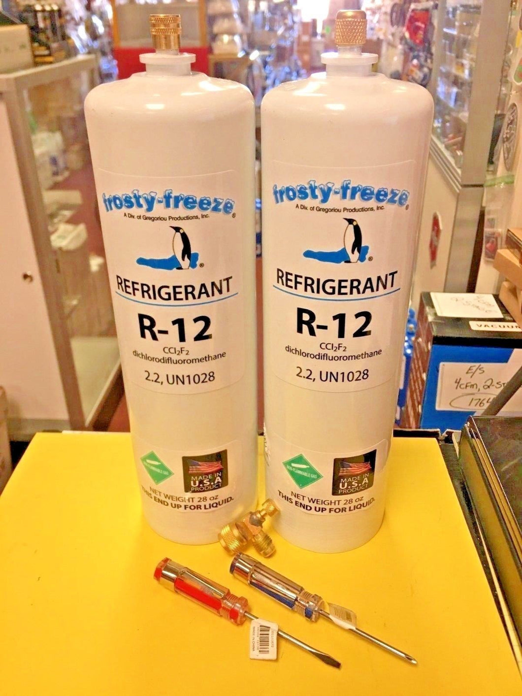 Refrigerant R12, Virgin Pure R-12, (2) 28 oz. Cans On/Off Valve, Screwdriver Set