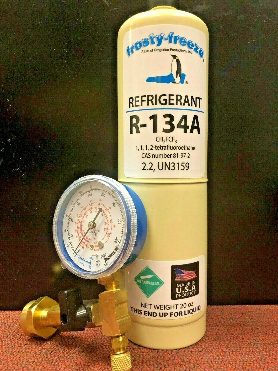 R134A, Refrigerant, Mobile A/C, Coolers, Freezers, 20 oz Can, CGA600 Tap & Gauge