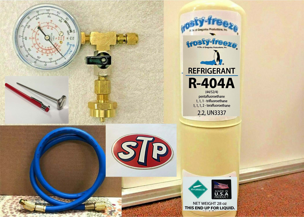 R404A, R-404a, Refrigerant 28 oz Disposable Can, Charge It Gauge Kit, STP Decal
