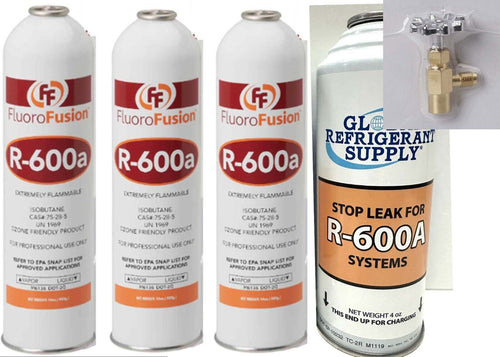 R600a, (3) 14 oz. Cans & Stop Leak Can, FluoroFusion, Refrigerant Isobutane