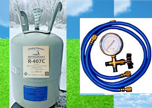 R407c, Refrigerant 7.5 lbs., 407C, R407c The Best R22 Replacement w/Gauge Kit