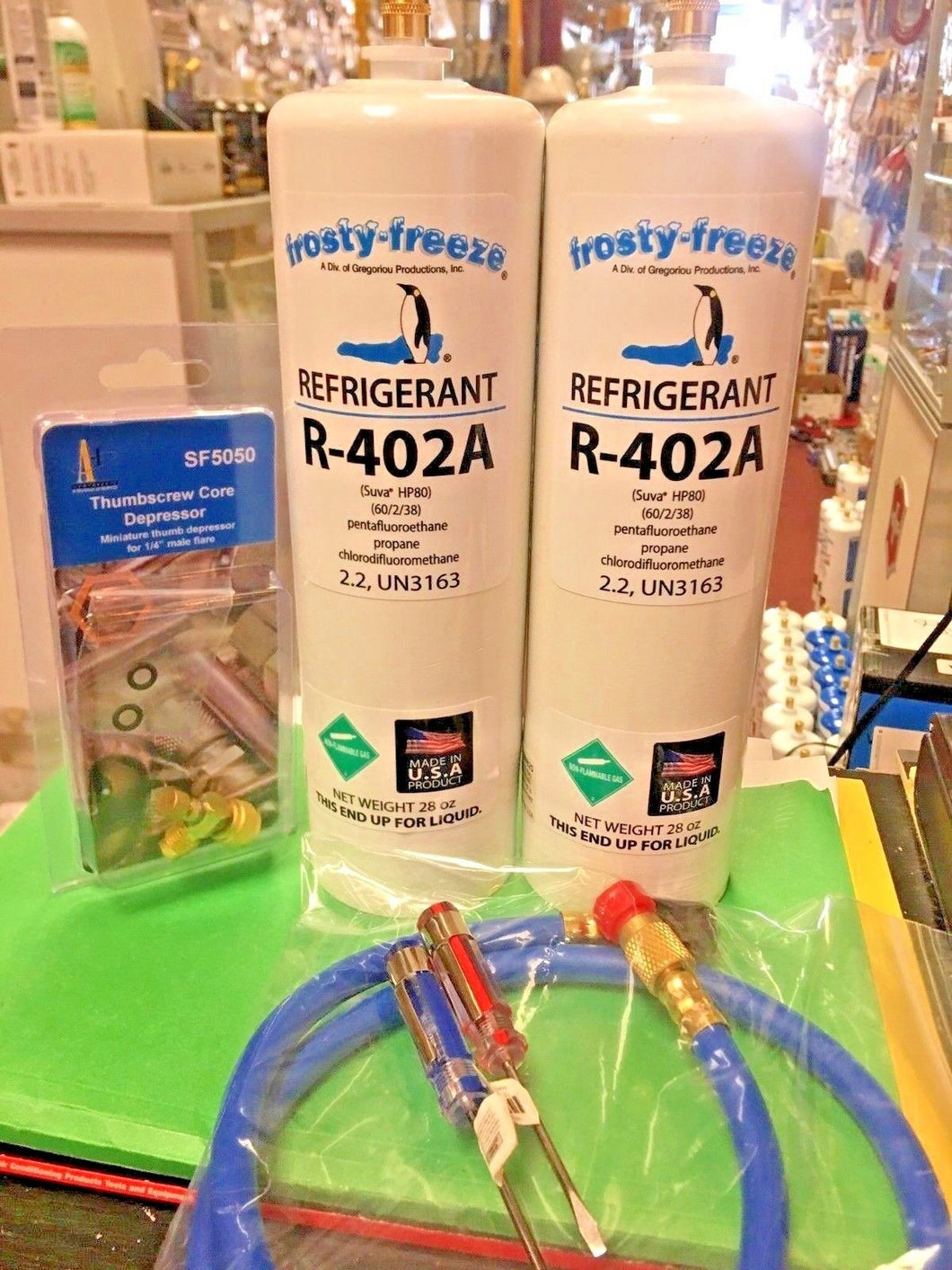 R402a, HP80, Refrigerant, R402A, Thermo King (2) 28 oz. Cans Valve, Hose & Tools