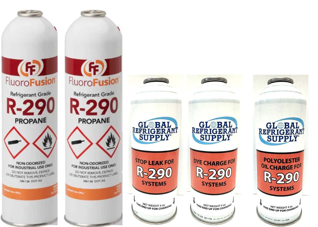 R–290, (2) 14 oz Cans, FluoroFusion, Refrigerant Kit, Stop-Leak, Oil &Dye Charge