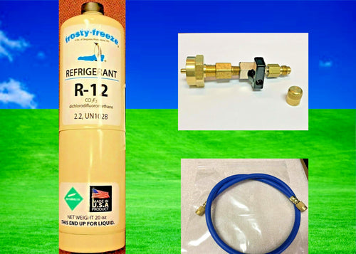 R12, Refrigerant 12, Recharge Kit, 20 oz Can, Taper On/Off Valve, Charging Hose