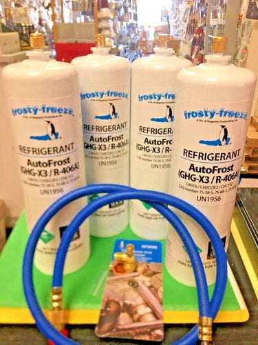 AutoFrost,R406a, Refrigerant, GHG-X3, R-406A,(4) 28 oz.On/Off Valve & Hose