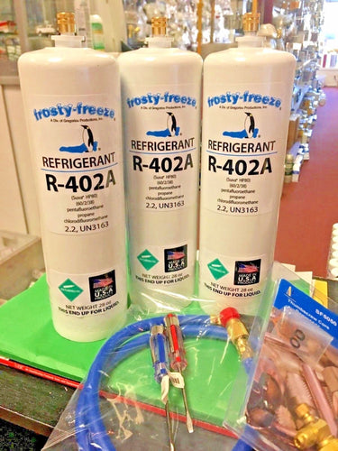 R402a, HP80, Refrigerant, R402A, Thermo King (3) 28 oz. Cans Valve, Hose & Tools
