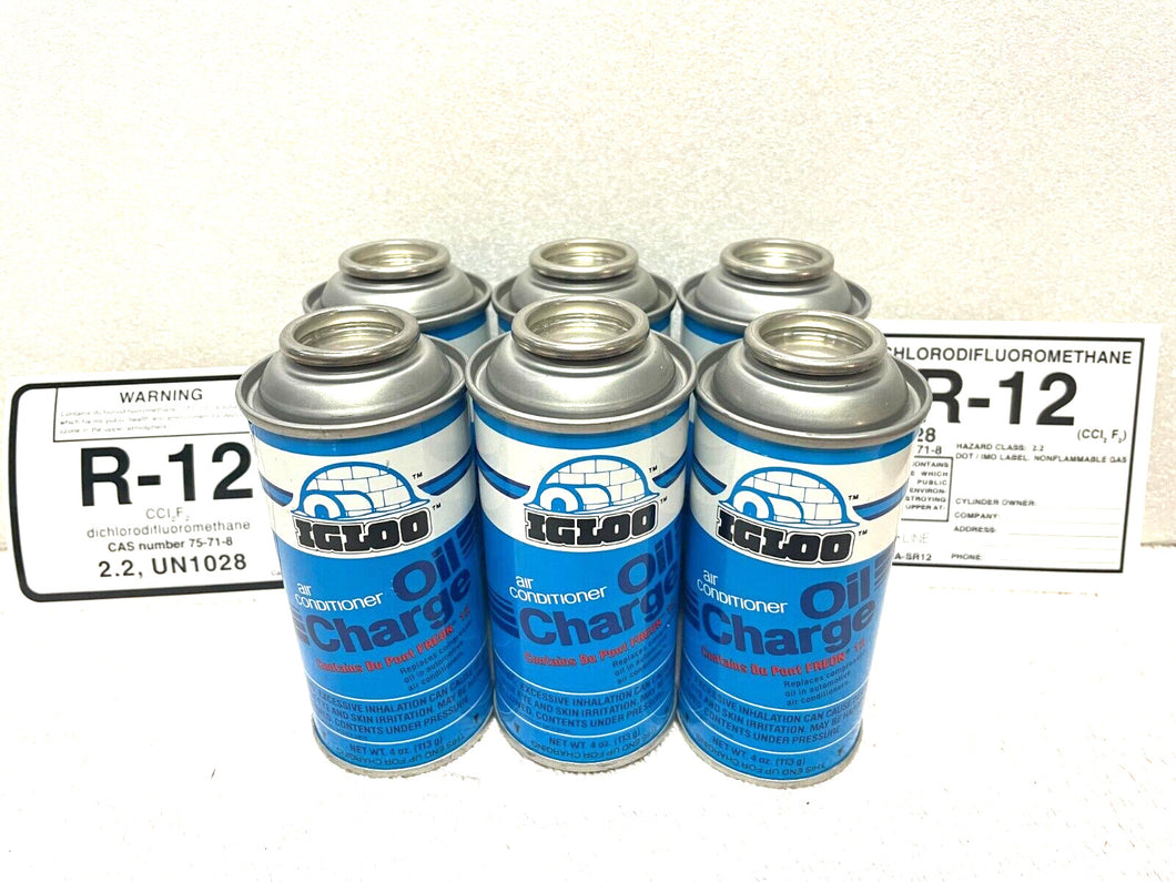 R12 refrigerant with Oil, (6) 4 oz. cans, 525 Viscosity Oil, IGLOO, R-12, R12