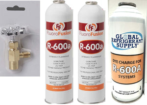 R–600a, 14 oz. Cans & DYE FluoroFusion, Refrigerant Grade Isobutane Recharge Kit